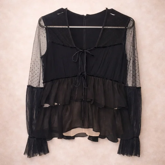Black Sheer Mesh Peplum Top Polka Dot Tie Front Whimsigoth XS - Picture 2 of 6
